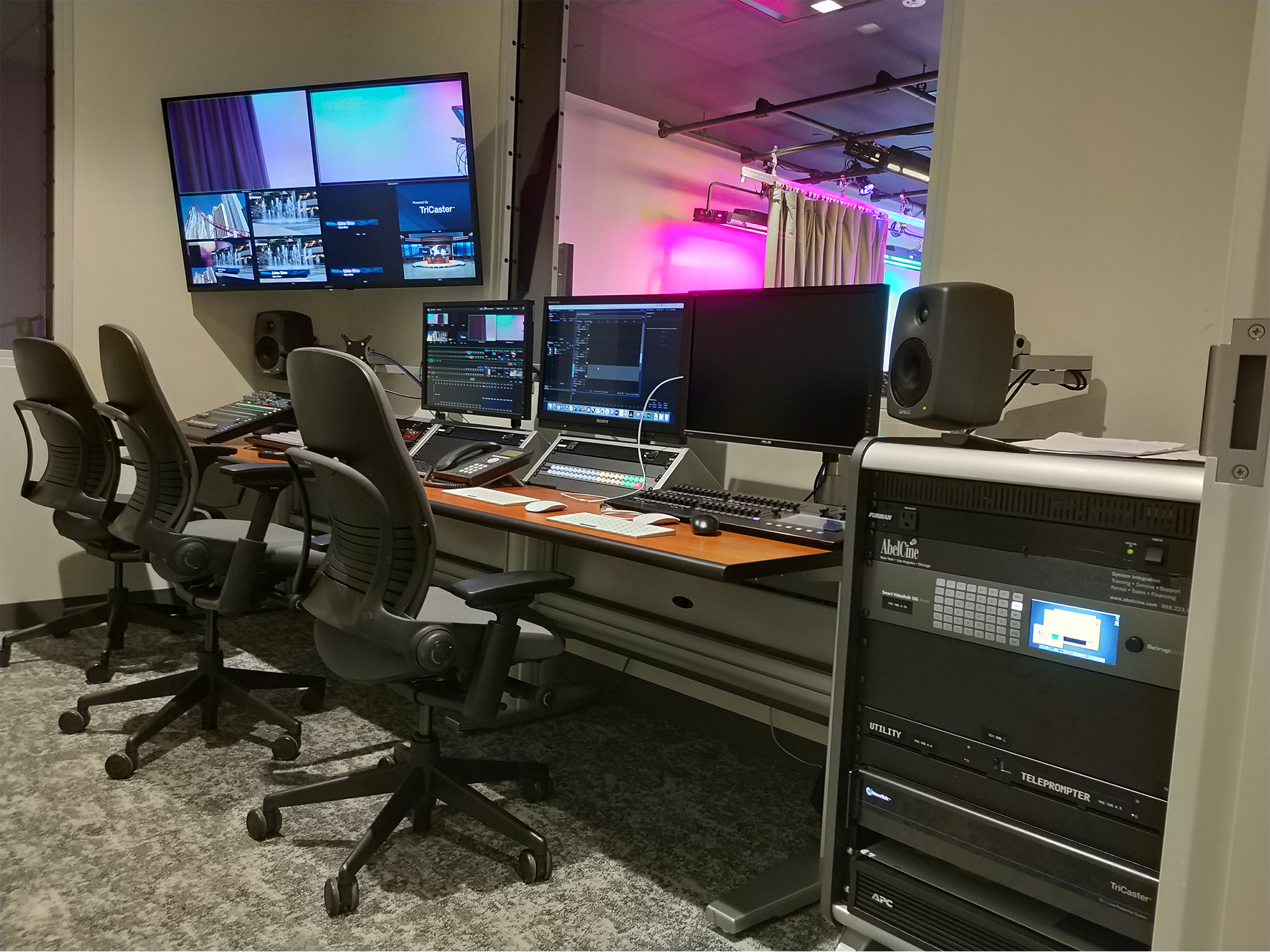 The control room houses a NewTek TriCaster TC1 for video switching, recording and live streaming.