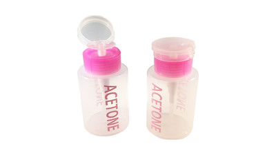 Acetone Push Down Dispenser - Clear with Grey Acetone Lettering, Labeled Bottle (6 oz)
